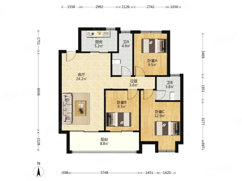 美的建发润锦园 刚需小三居 房龄新 南北通透 精装可拎包入住