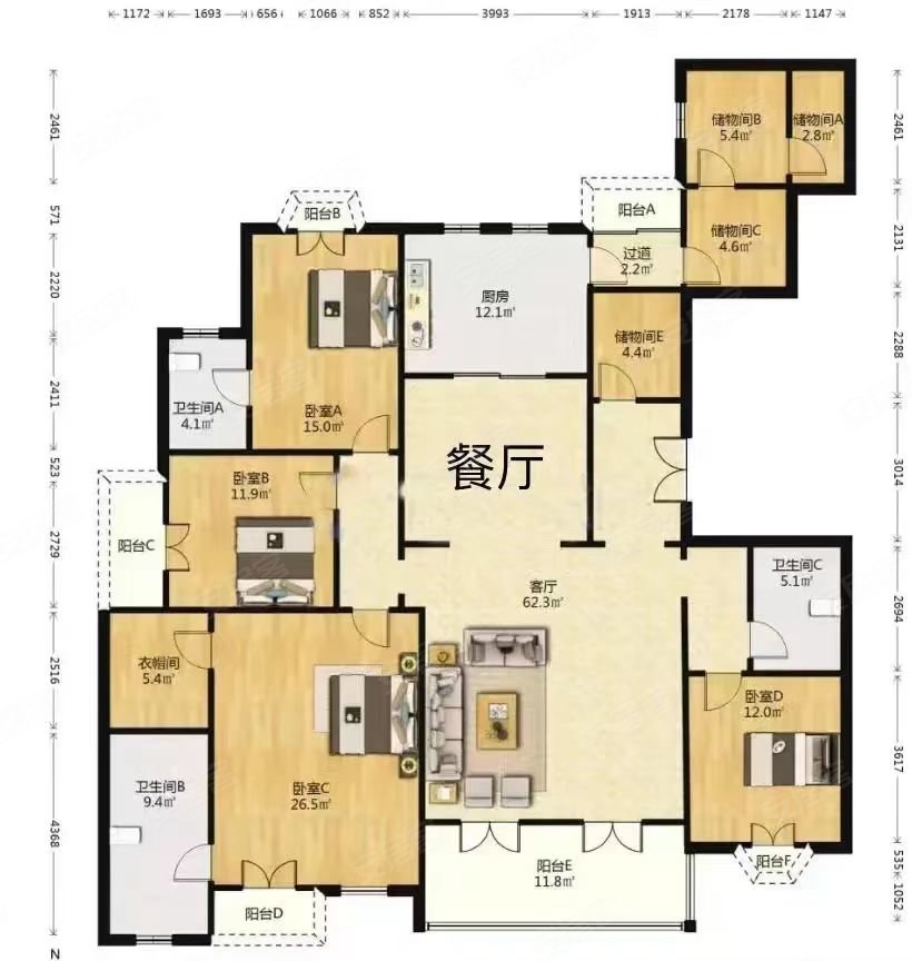 马德里洋房4室2厅4卫263㎡南北2208万