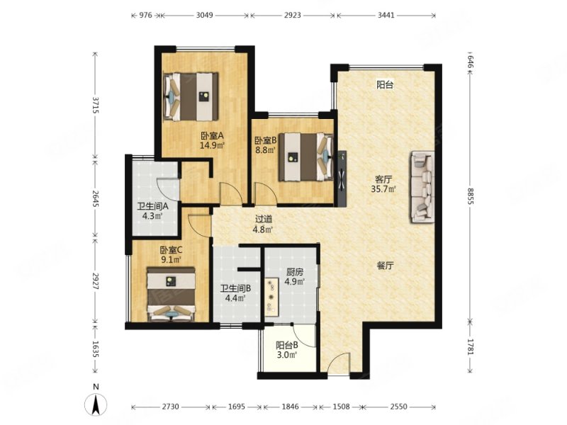 朗基和今缘3室2厅2卫96㎡西北258万