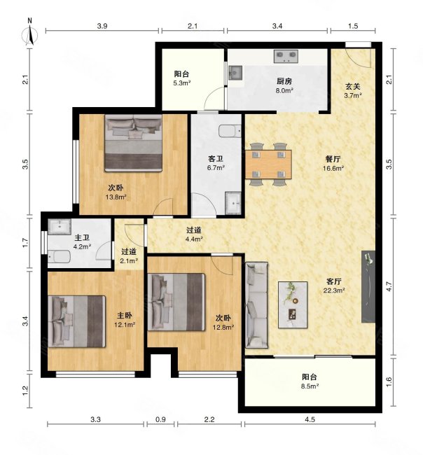 华泰官邸3室2厅2卫105㎡南62万