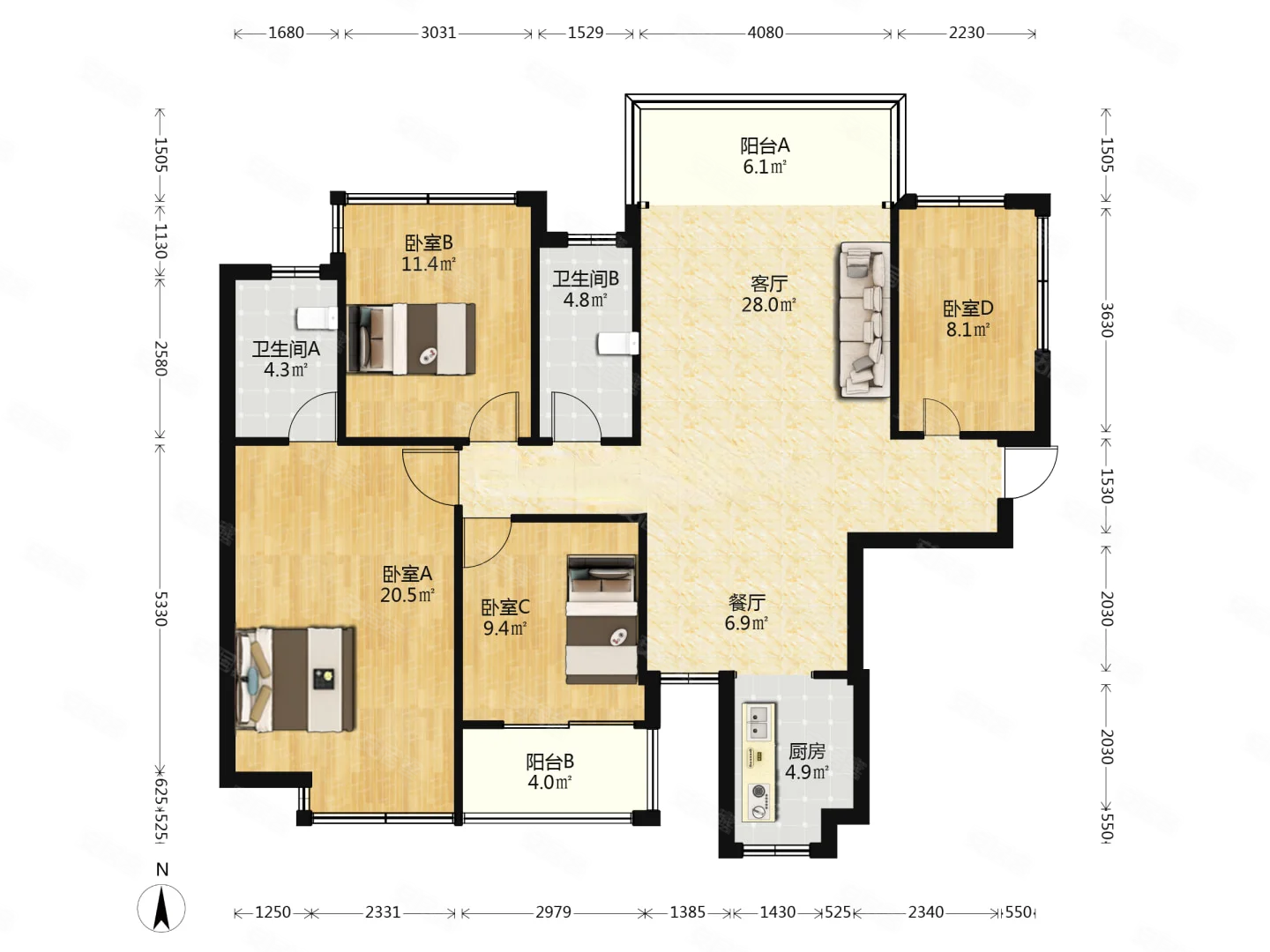 城中万达 品质彰泰红 入则宁静 出则繁华 精装修四房拎包入住