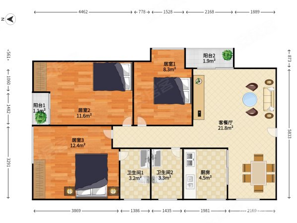 钜建大厦3室2厅2卫87.44㎡东495万