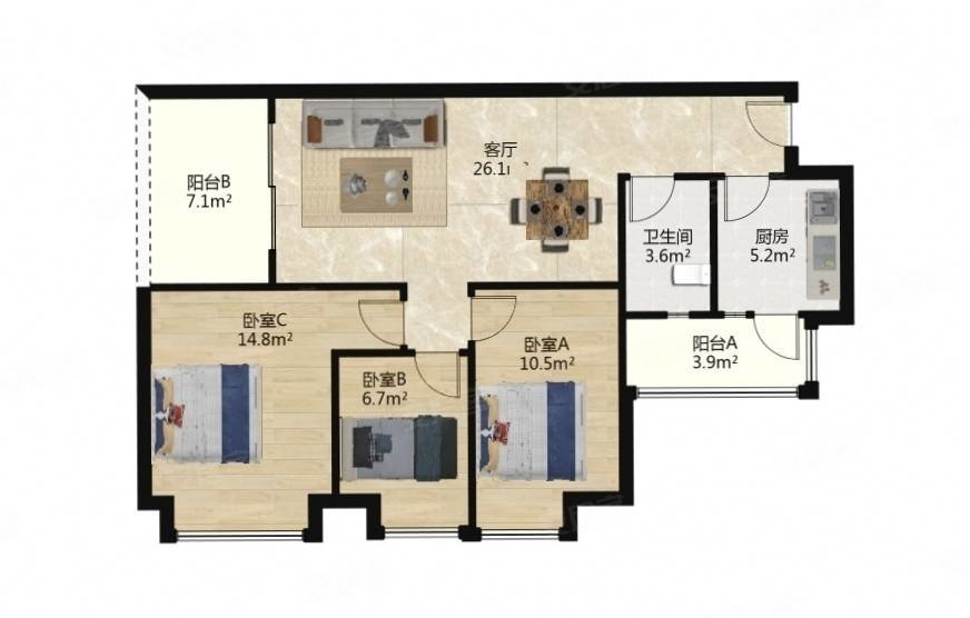 保利悦廷3室2厅1卫88.86㎡南北115万