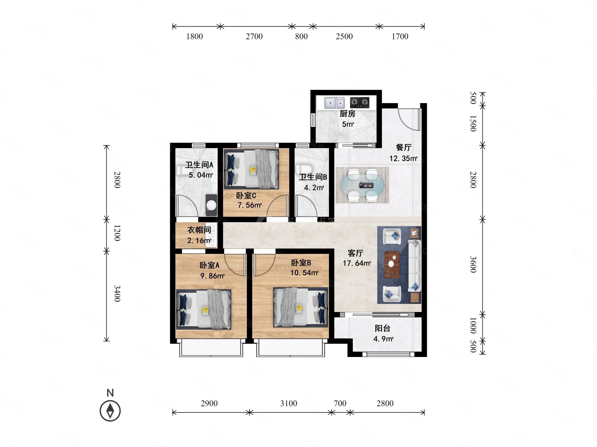 万科金辰之光3室2厅2卫88.49㎡南390万