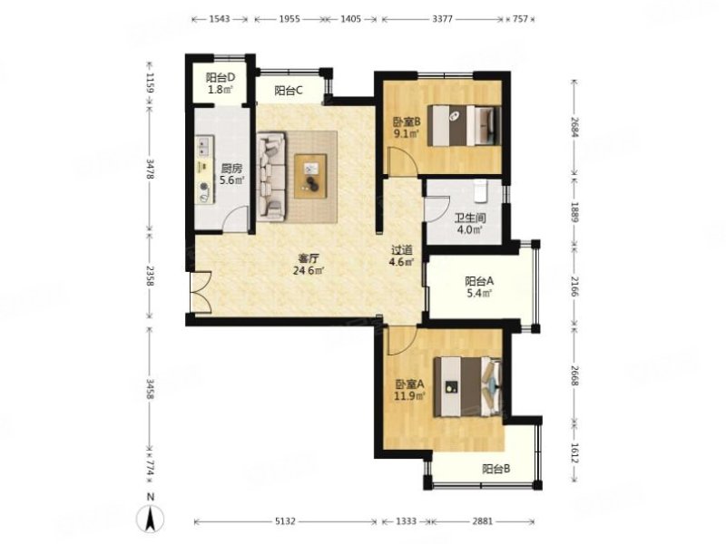 ((免,收,拥,金))融景城 2室1厅 91.2平
