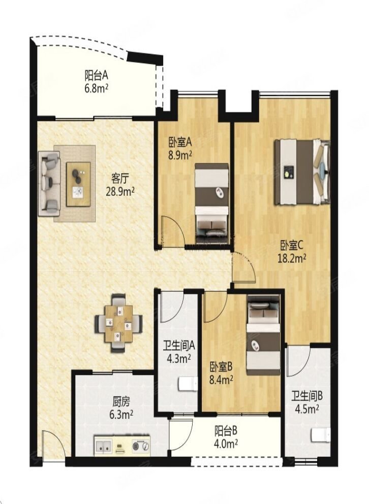 华荟明苑3室2厅2卫105㎡北345万