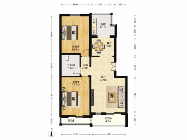 垡头翠城雅园社区(垡头翠成馨园B区221-239号)2室2厅1卫77.8㎡南北290万