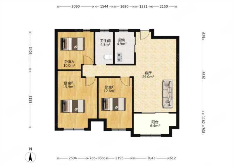 朝辉东方城三区3室2厅1卫100㎡南北77.8万