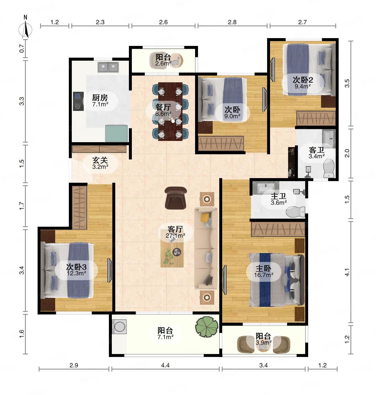 低公摊送花园 南北通透四房两卫 户型方正实用面积大,百步亭江南郡
