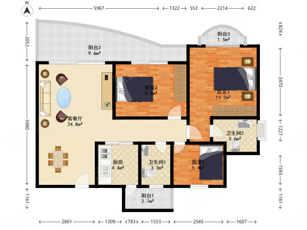 华景新城历德雅舍,96方3房693万,满五年,看房有钥匙.