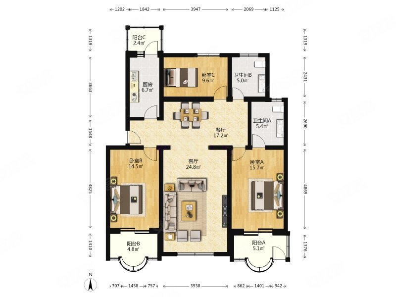 王府温馨公寓3室2厅2卫137㎡南北556万