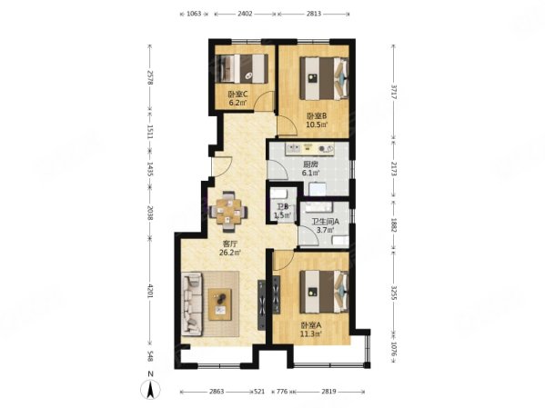 金域东郡3室2厅1卫90.13㎡南北668万