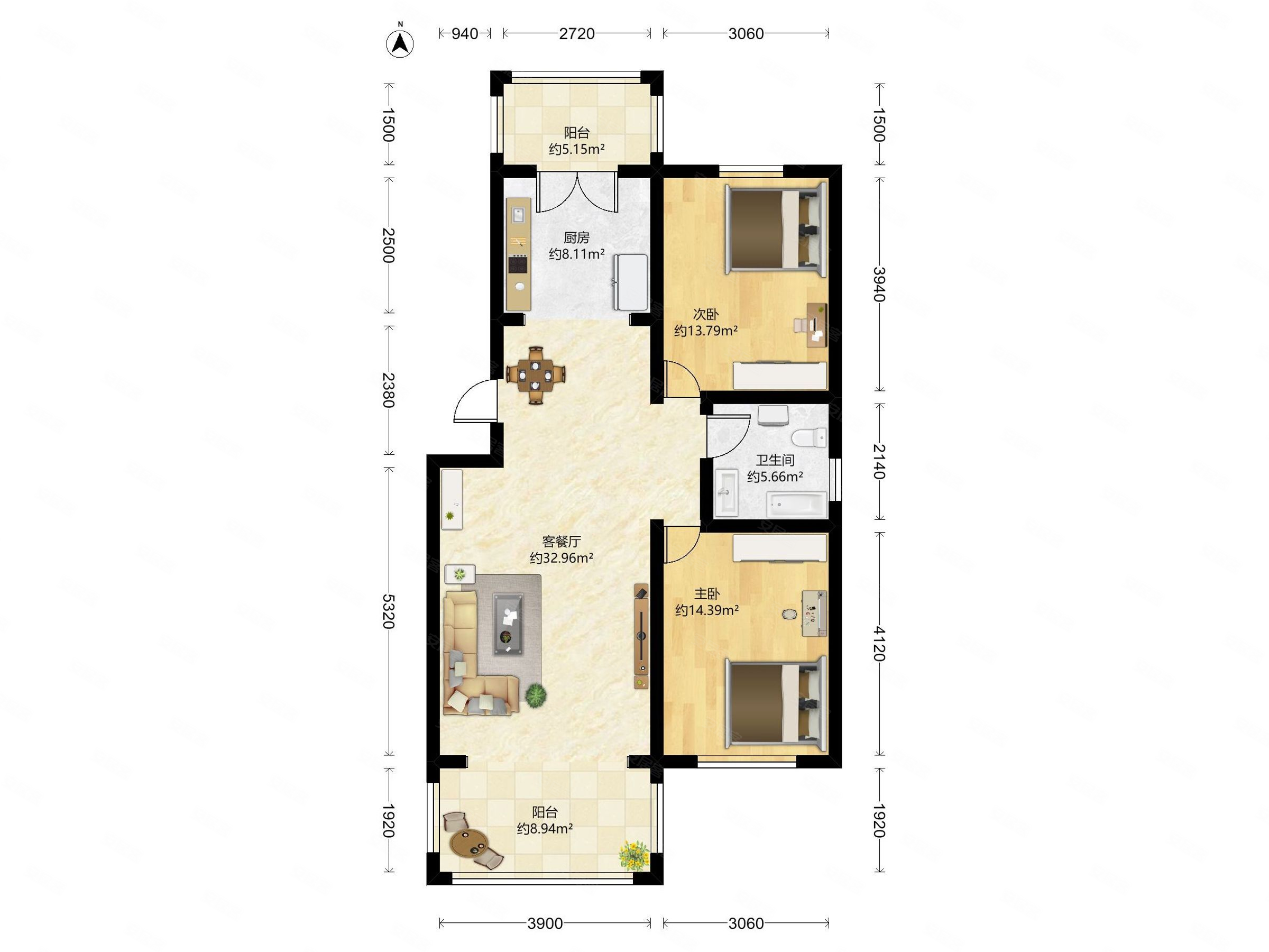 满五  !装修保持很好!全明改善型大两室,南北通透h户型三楼