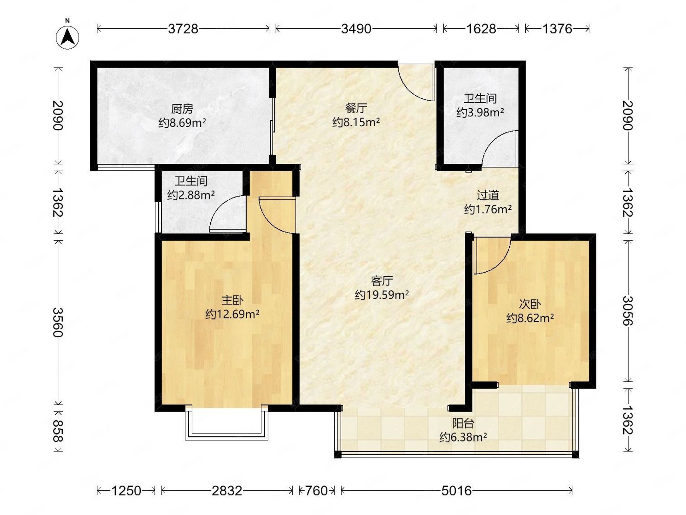 北城山水2室2厅2卫98.59㎡南93万