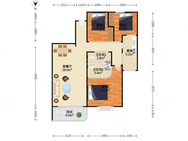 神彩苑3室2厅2卫85㎡南北398万