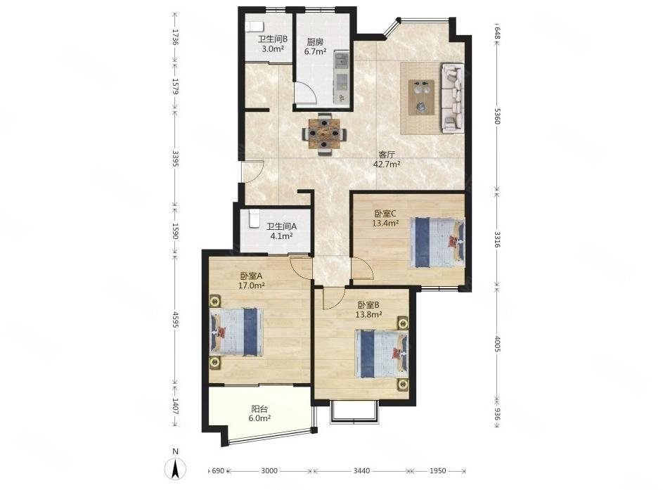 林景瑞园3室2厅2卫131㎡南北316万