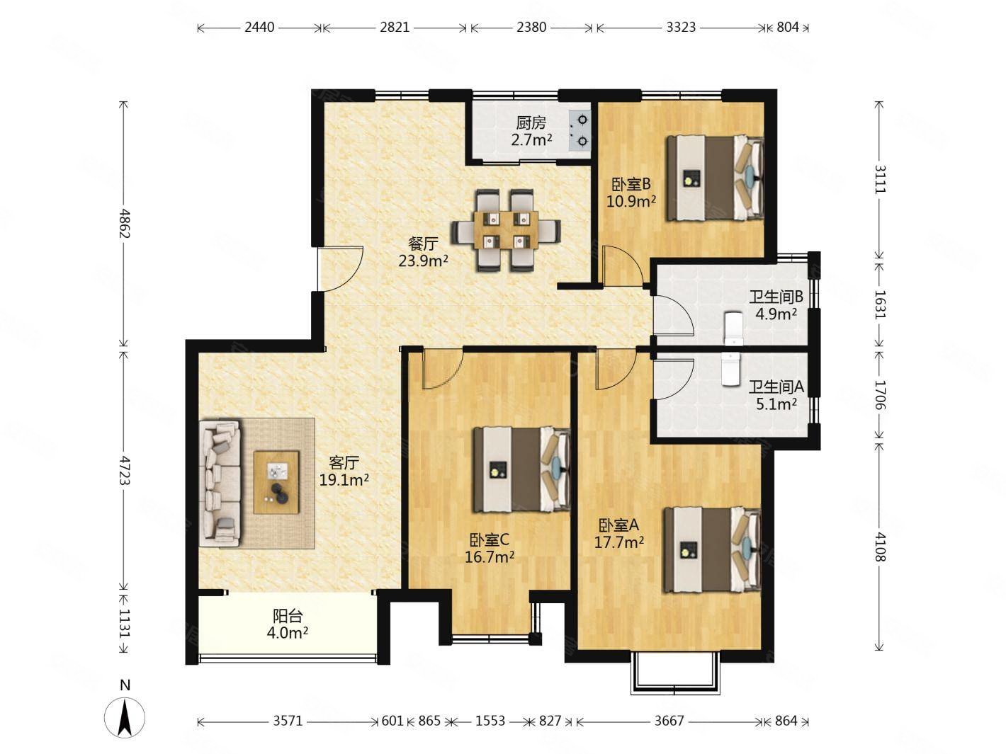5号线10号线地铁口天房美域兰庭南北通透三室两卫全明户型