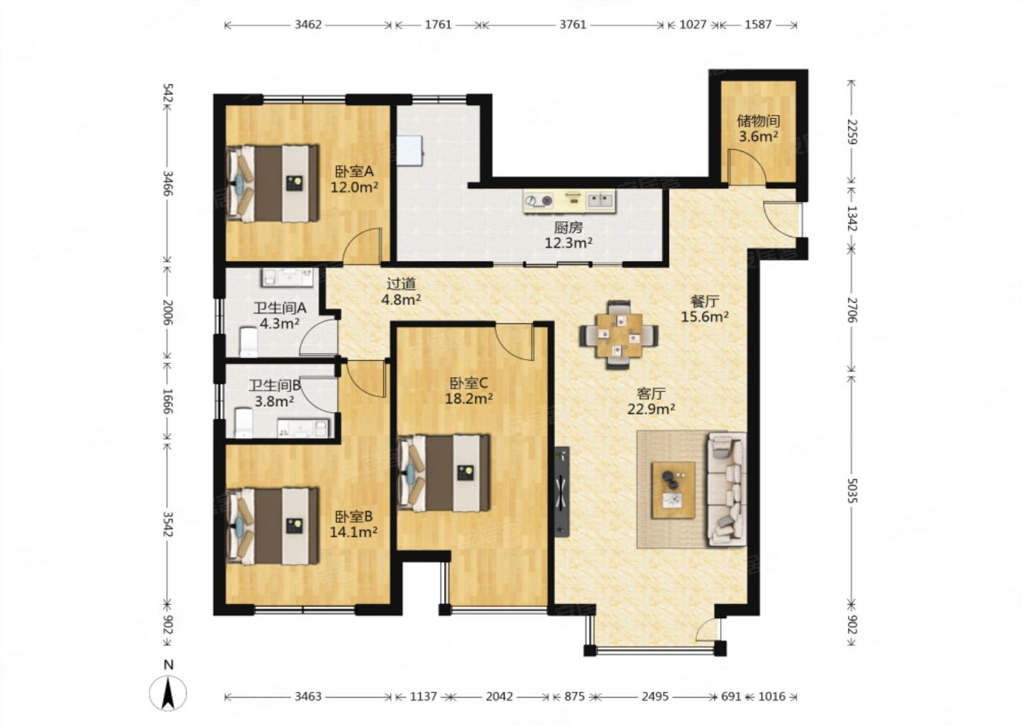 华远君城3室2厅北南