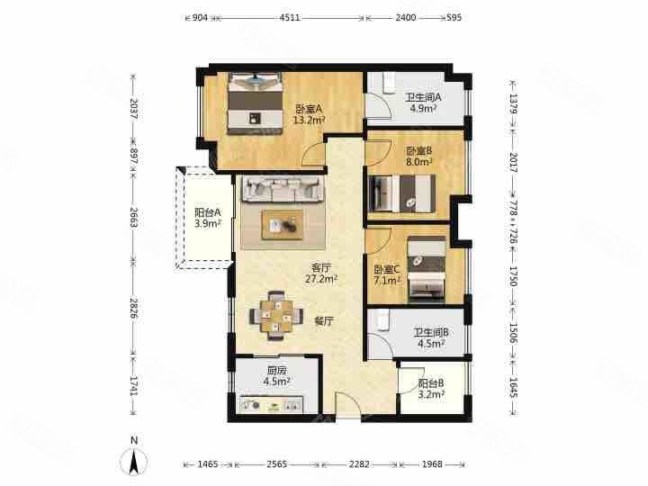 万科欧泊3室2厅2卫95.5㎡西南360万