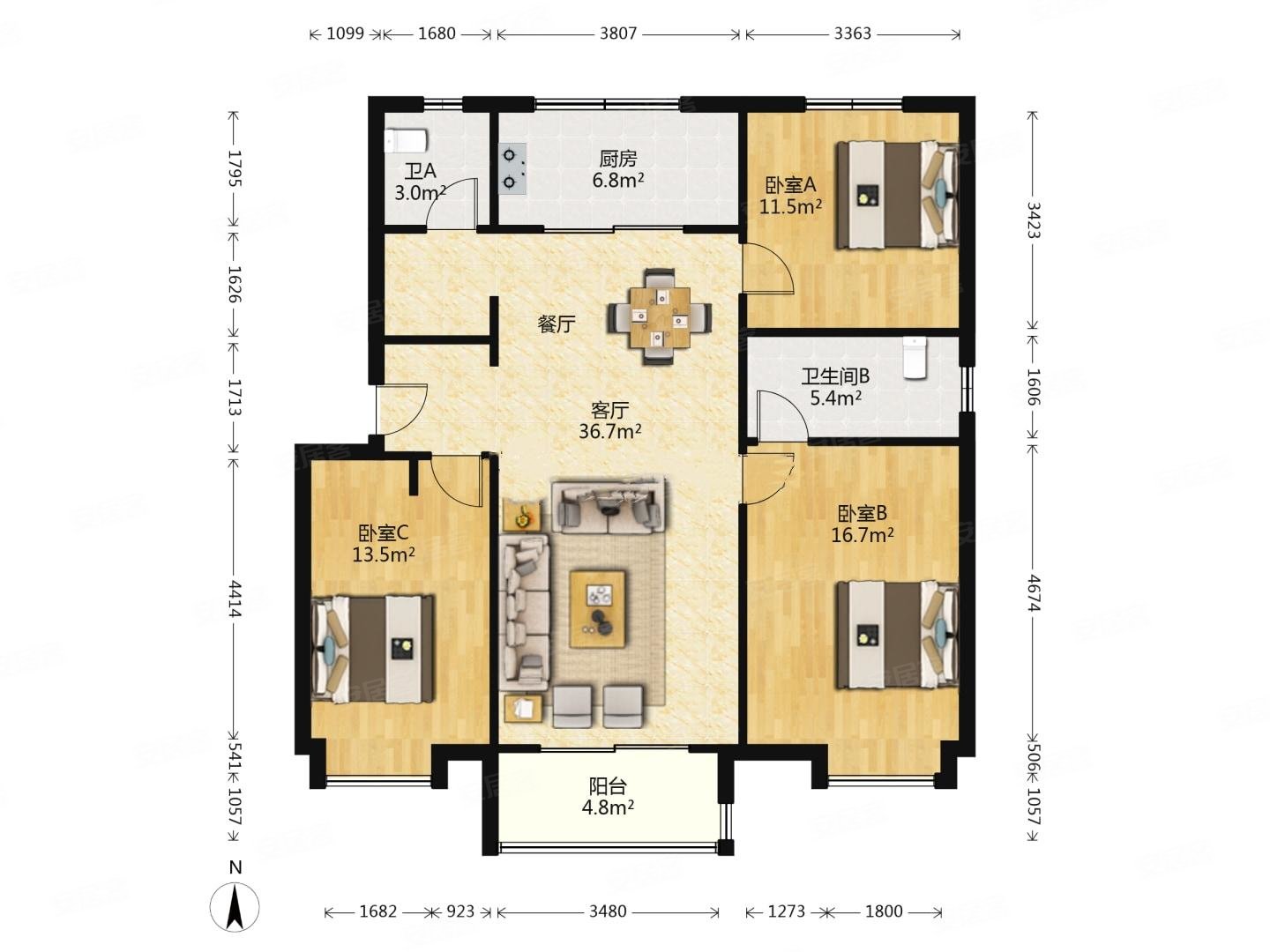 万科城如园3室2厅2卫135㎡南北295万