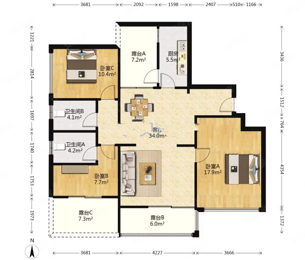 8万三室 户型赠送大,绵州水郡二期二手房,93.