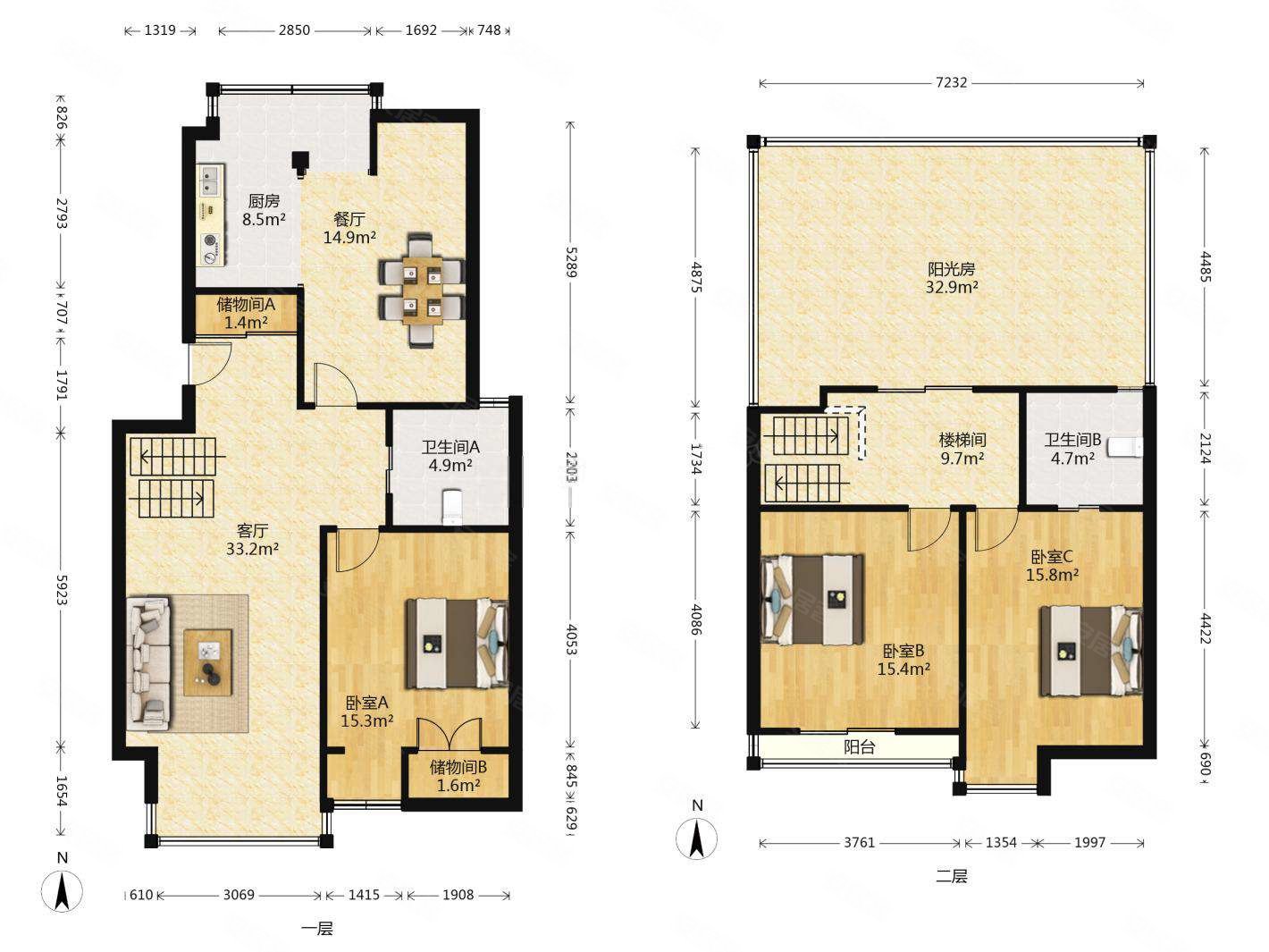 跃层复式 4室2厅 精装修  南北通透 露台阳光房院子