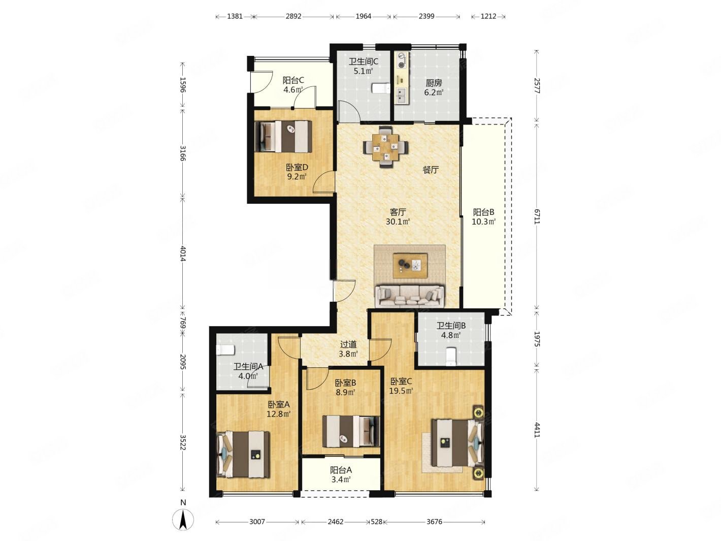 融信保利创世纪4室2厅3卫138.9㎡南北1080万