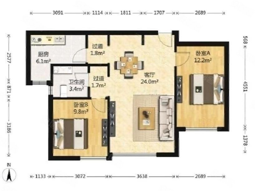 鲁能7号院溪园2室1厅1卫85.33㎡南221万