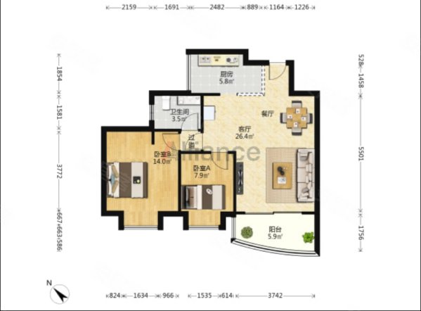 新出电梯河景2房金河湾户型方正