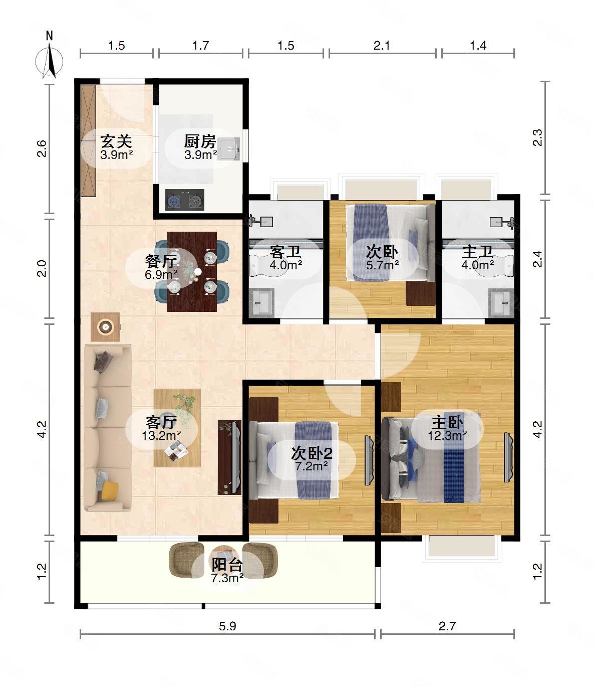 融创临江府3室2厅2卫107.56㎡南北198万