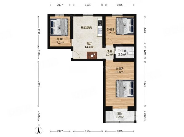 北蜂窝路22号院3室1厅1卫65.1㎡南北615万