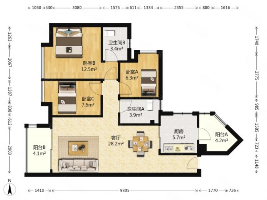 新世界锦云峰3室2厅2卫94.44㎡南北355万