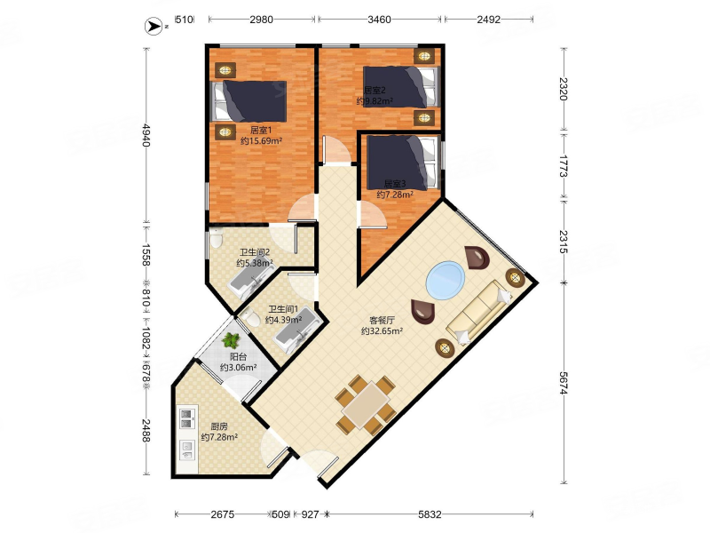 皇都广场3室2厅2卫108.38㎡南北445万