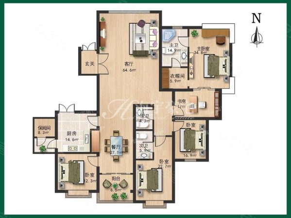 棕榈泉国际公寓4室2厅3卫370㎡南北3788万