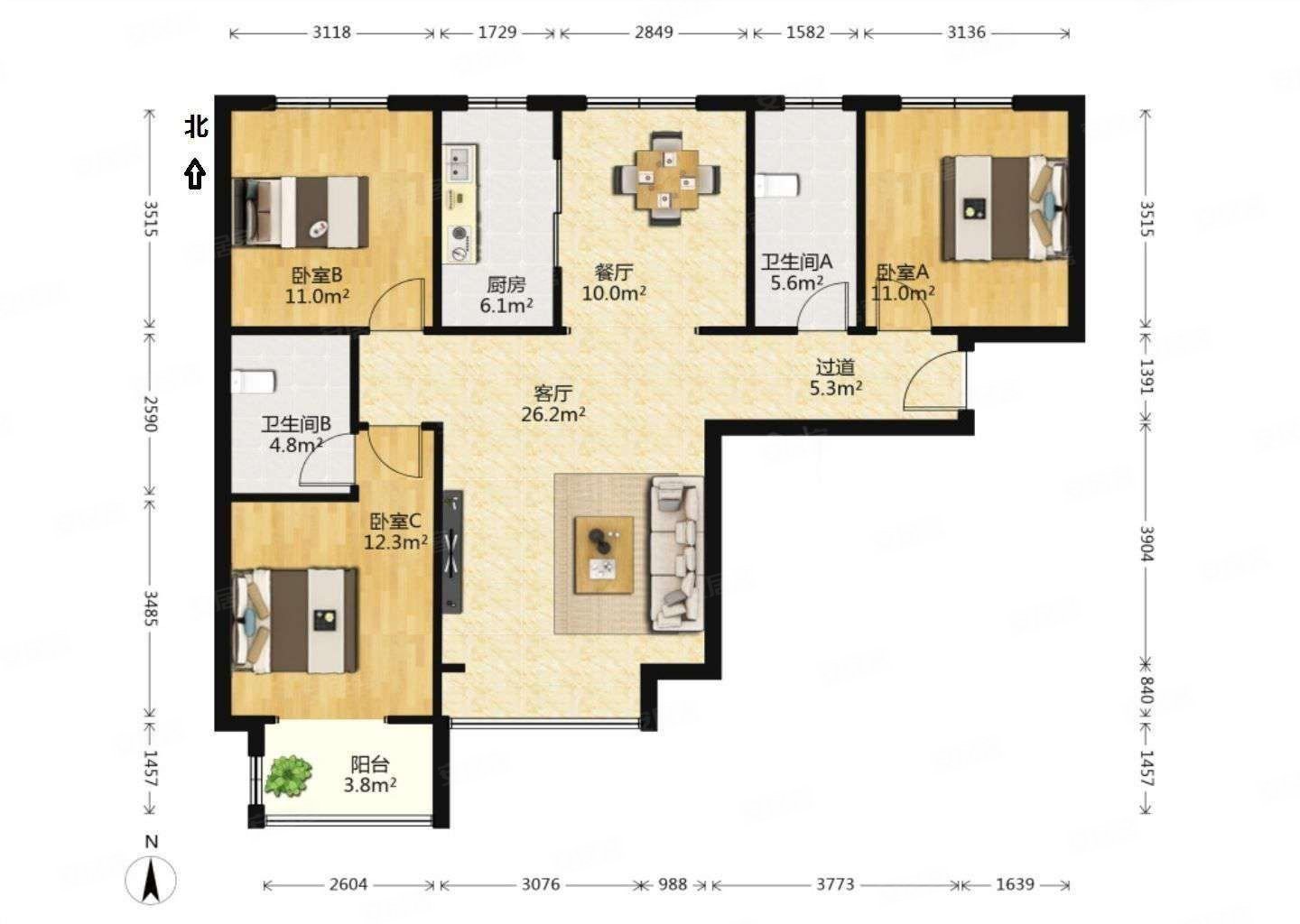 毛坯房,随意装修,视野采光好,随时看房,富瀛苏园南区二手房,138万,3室