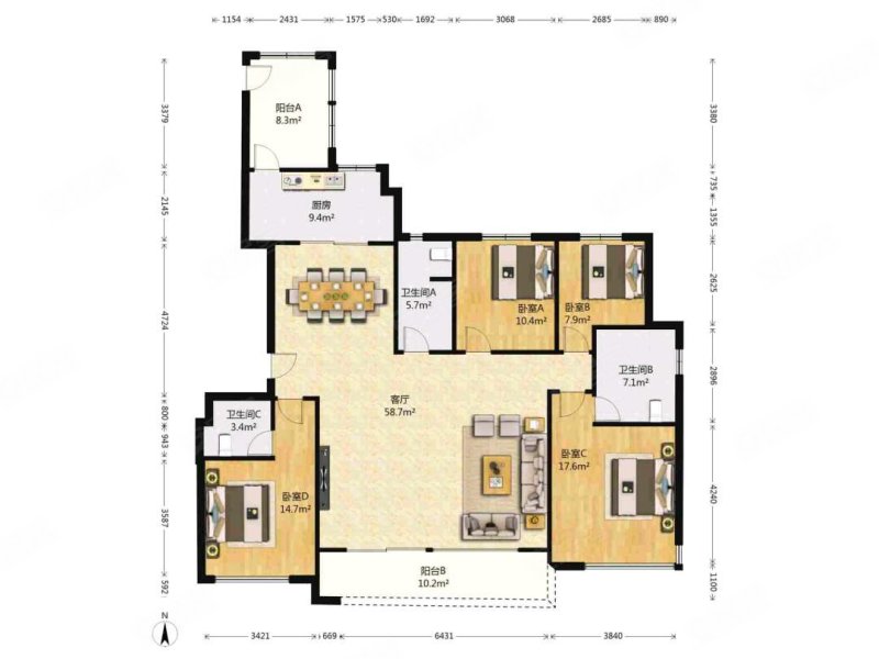 有电梯 动静分离,绿地城长安宫二手房,380万,4室2厅,3卫,156平米-西安