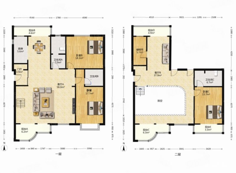 电梯跃层 客厅挑空8米 落地阳台 四室 单价8000元 有钥