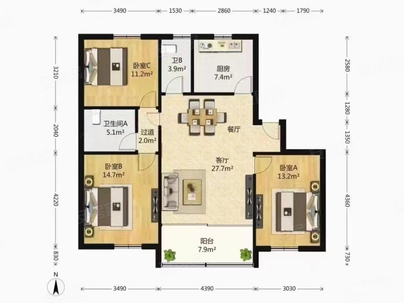 紫荆园3室2厅2卫110㎡南北768万