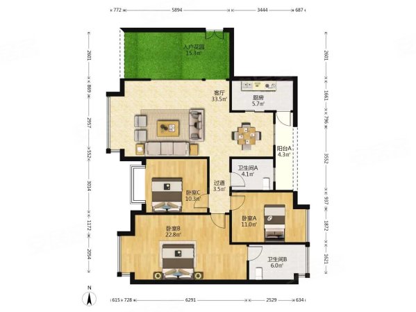 师大现代花园3室2厅2卫118.64㎡西159万