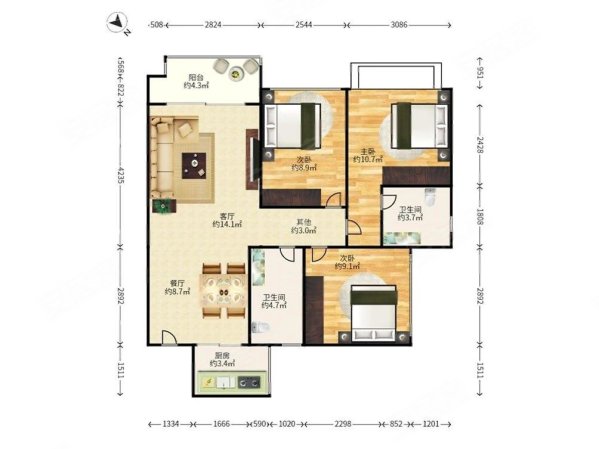 中骏四季阳光三期3室2厅2卫86.17㎡南245.2万