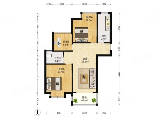 宋都北区 b1户型 通透三房 诚心出售 可随时看房