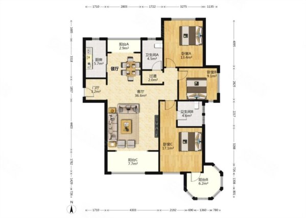 低楼层,大三室,硬装修,南北通透户型,明厨明卫,国赫红珊湾二手房,215