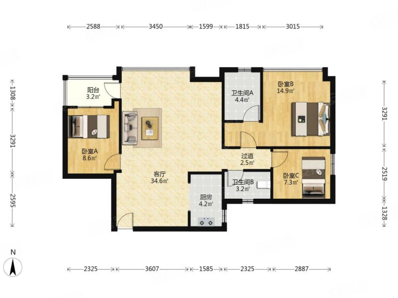 骏景花园 3 房  106 方