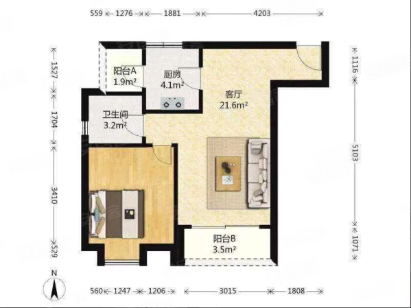 北城世纪城冠徽苑(商住楼)1室1厅1卫60㎡南北19万