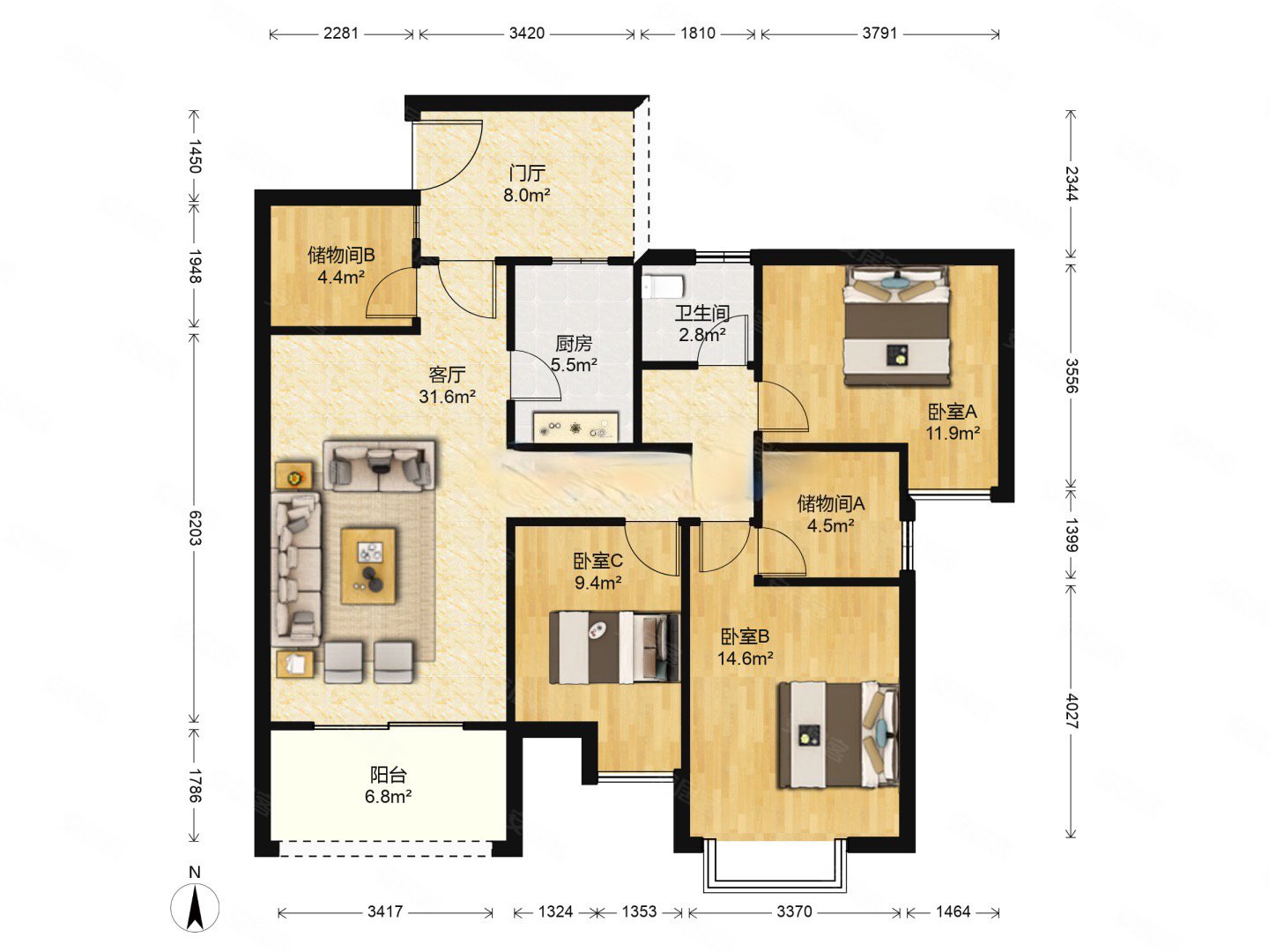 明信仕林府3室2厅2卫116㎡西南132万