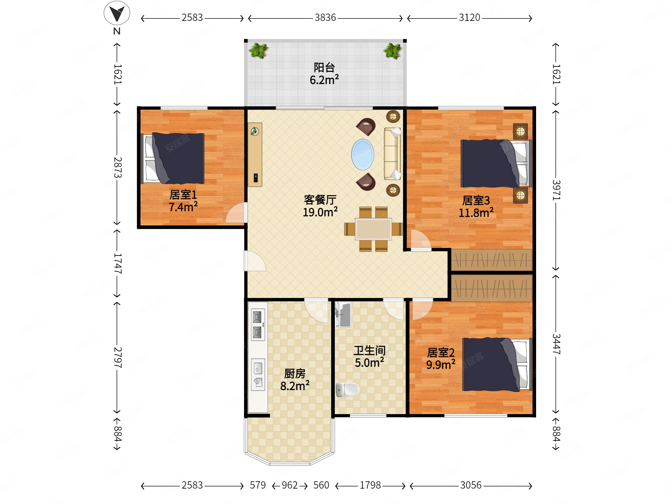 招北小区3室2厅1卫78㎡南北499万