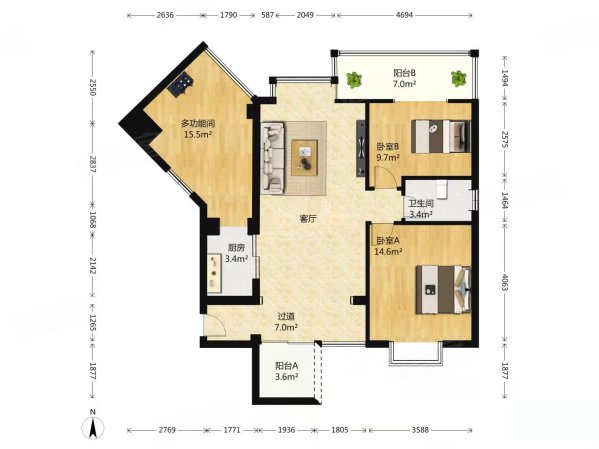 聚镇3室2厅2卫86.69㎡南176万