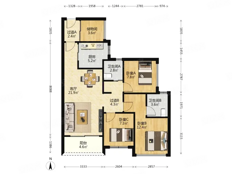 珠江花城3室2厅2卫89㎡南335万