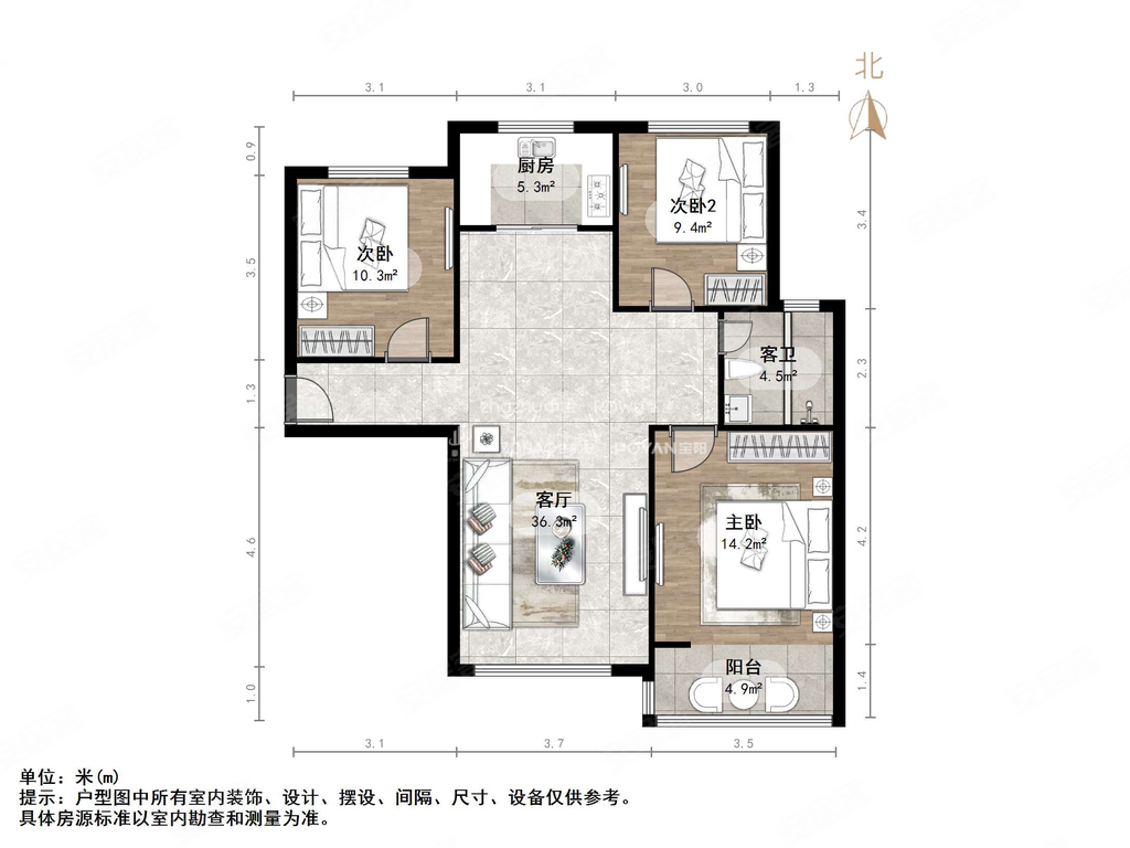 帝华鸿府东区3室2厅1卫112.58㎡南北148万