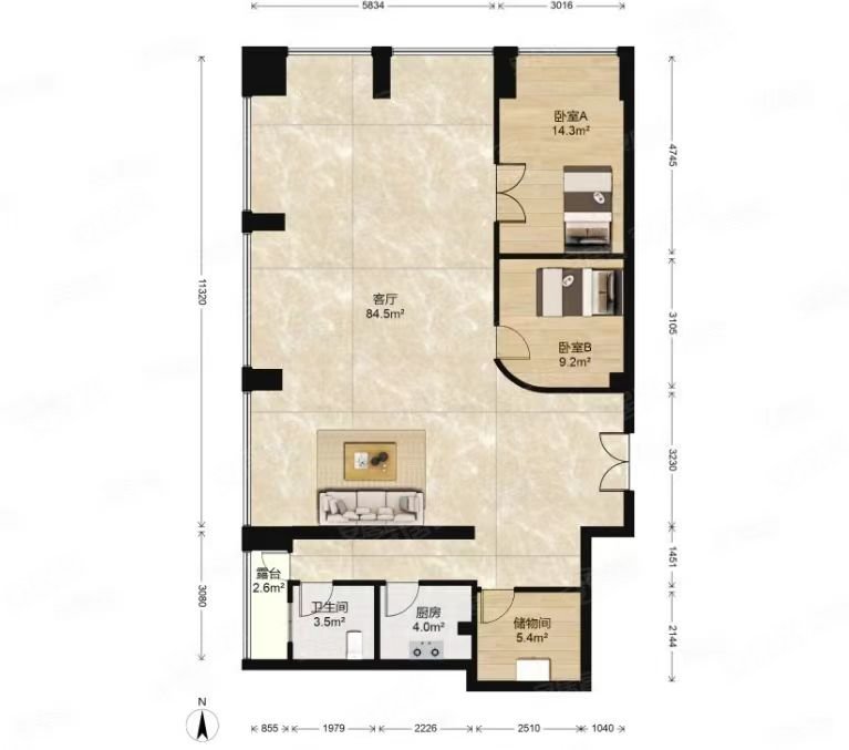 建外soho西区2室2厅1卫199.36㎡西北770万